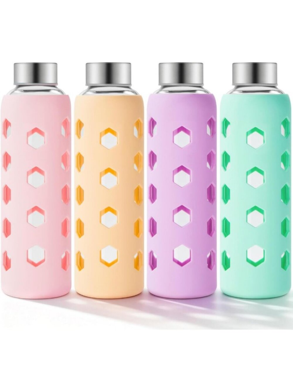Set of 4 Eco-Friendly 18 oz Glass Water Bottles with Lids & Silicone Sleeves